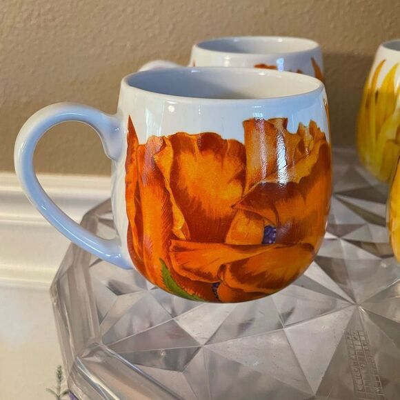 Konitz Sunflower and Orange Poppy Ceramic Mugs set of 4 - Picture 3 of 16